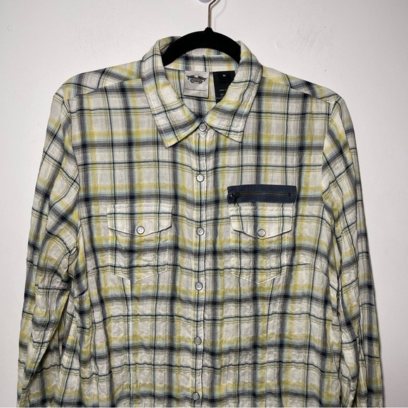 Harley Davidson women's yellow plaid seersucker pearl snaps long sleeve in M - Picture 2 of 7